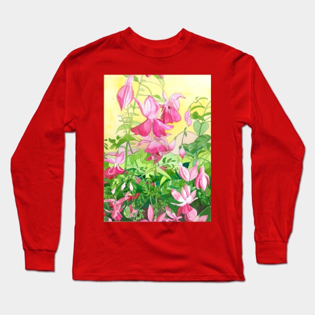 Pink Fuchsia Flowers Original watercolour painting Long Sleeve T-Shirt by esvb